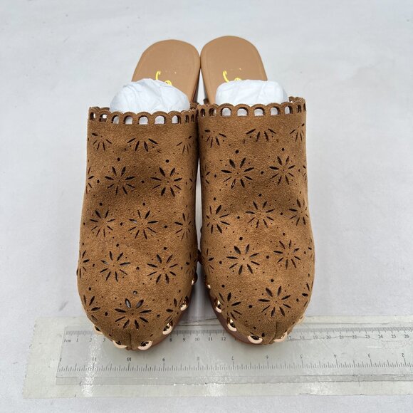 FOWT Tan Studded Round Toe Floral Cut Out Platform Mules Chunky Heel Sandals - Picture 3 of 8